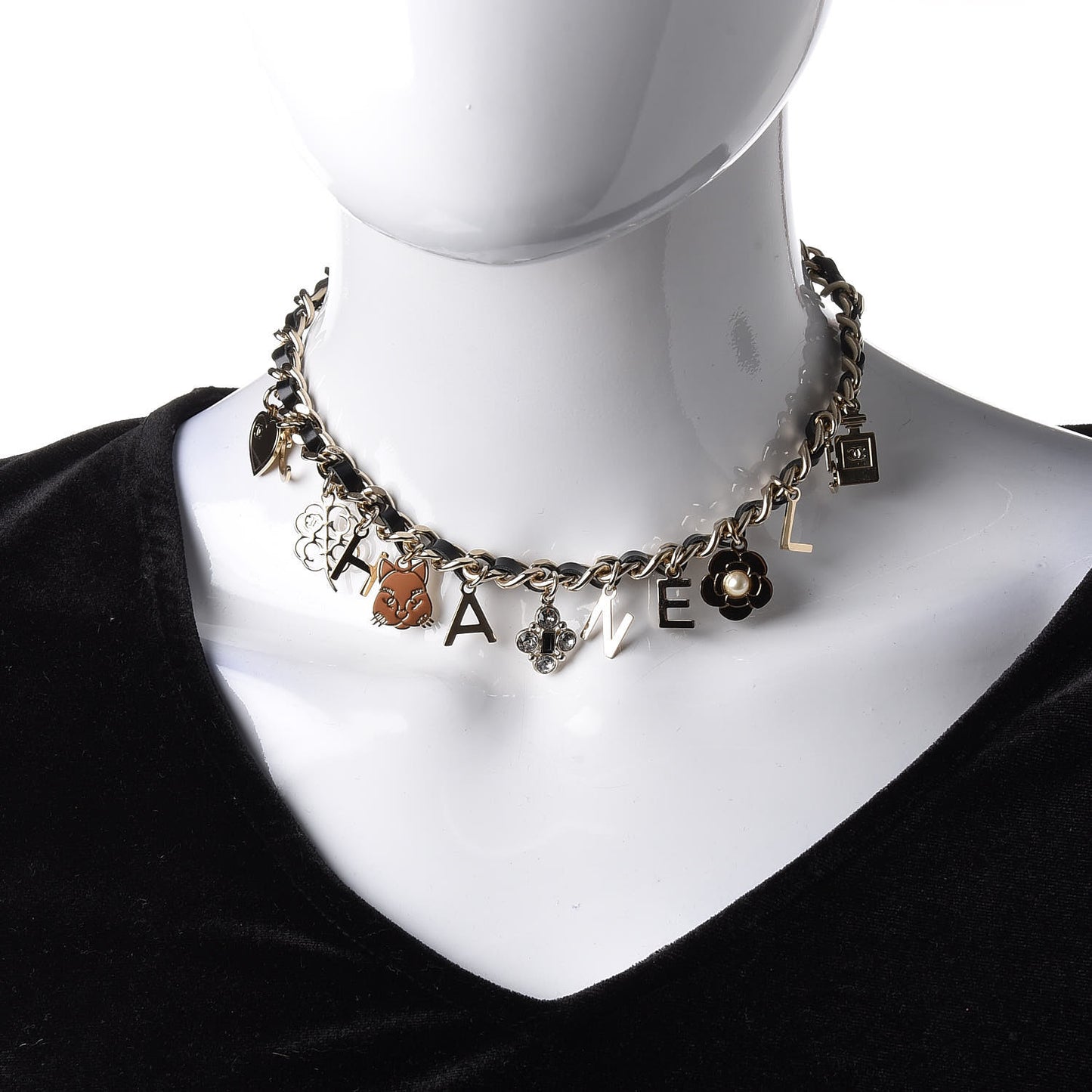 Lambskin Crystal CC Logo Charming Choker Gold Black