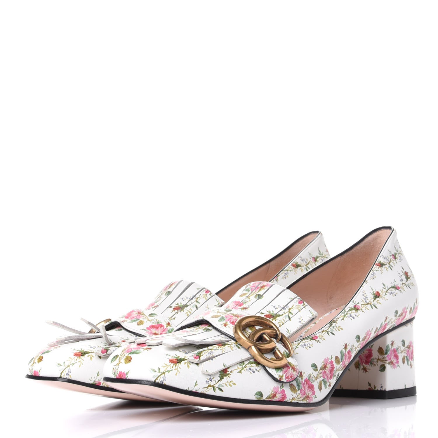 Gucci Calfskin Rose Print GG Marmont Fringe 50mm Loafer Pumps 41.5 Multicolor 3 of 10