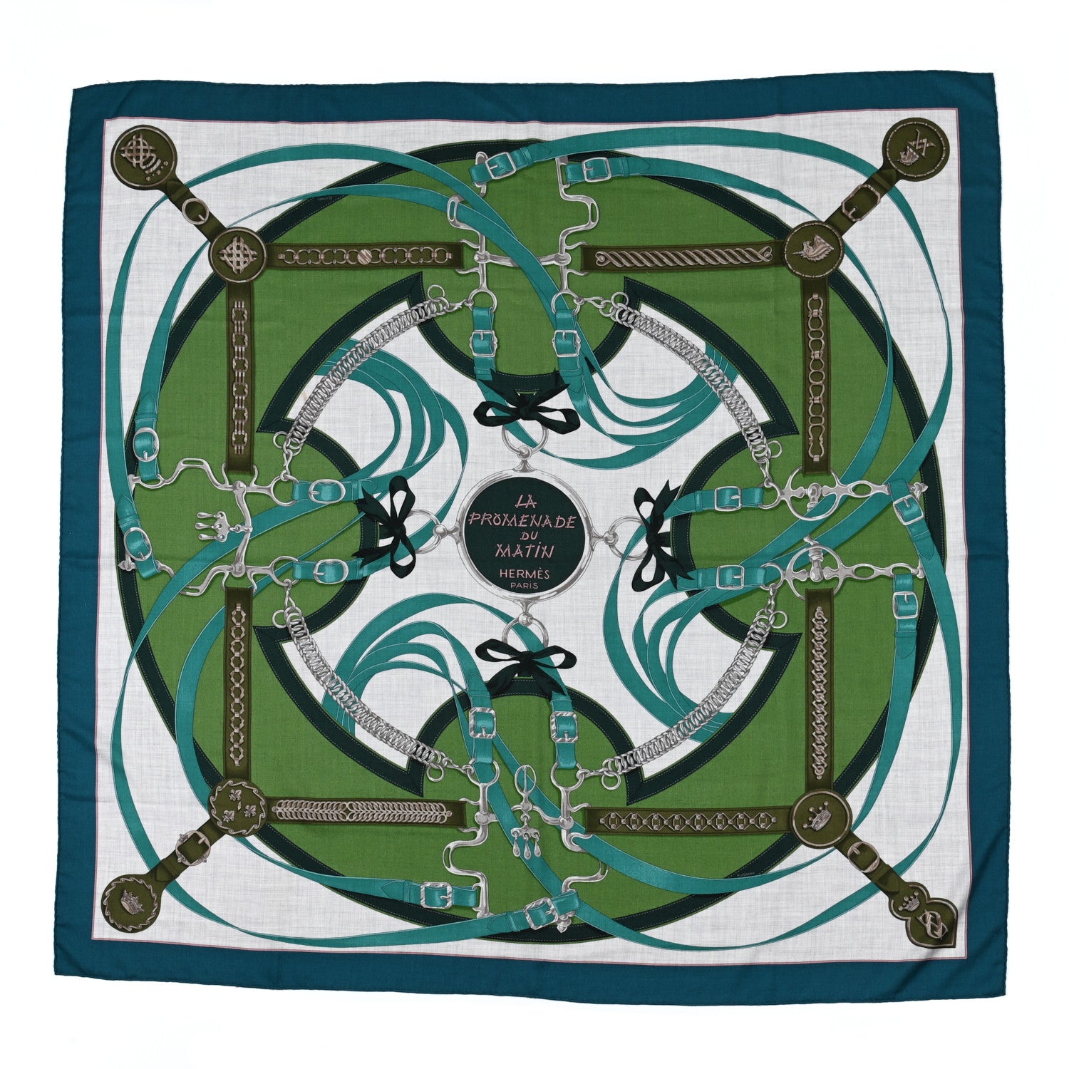Hermes Cashmere Silk La Promenade Du Matin Shawl 140 Petrole Gris Chine Vert 1 of 6