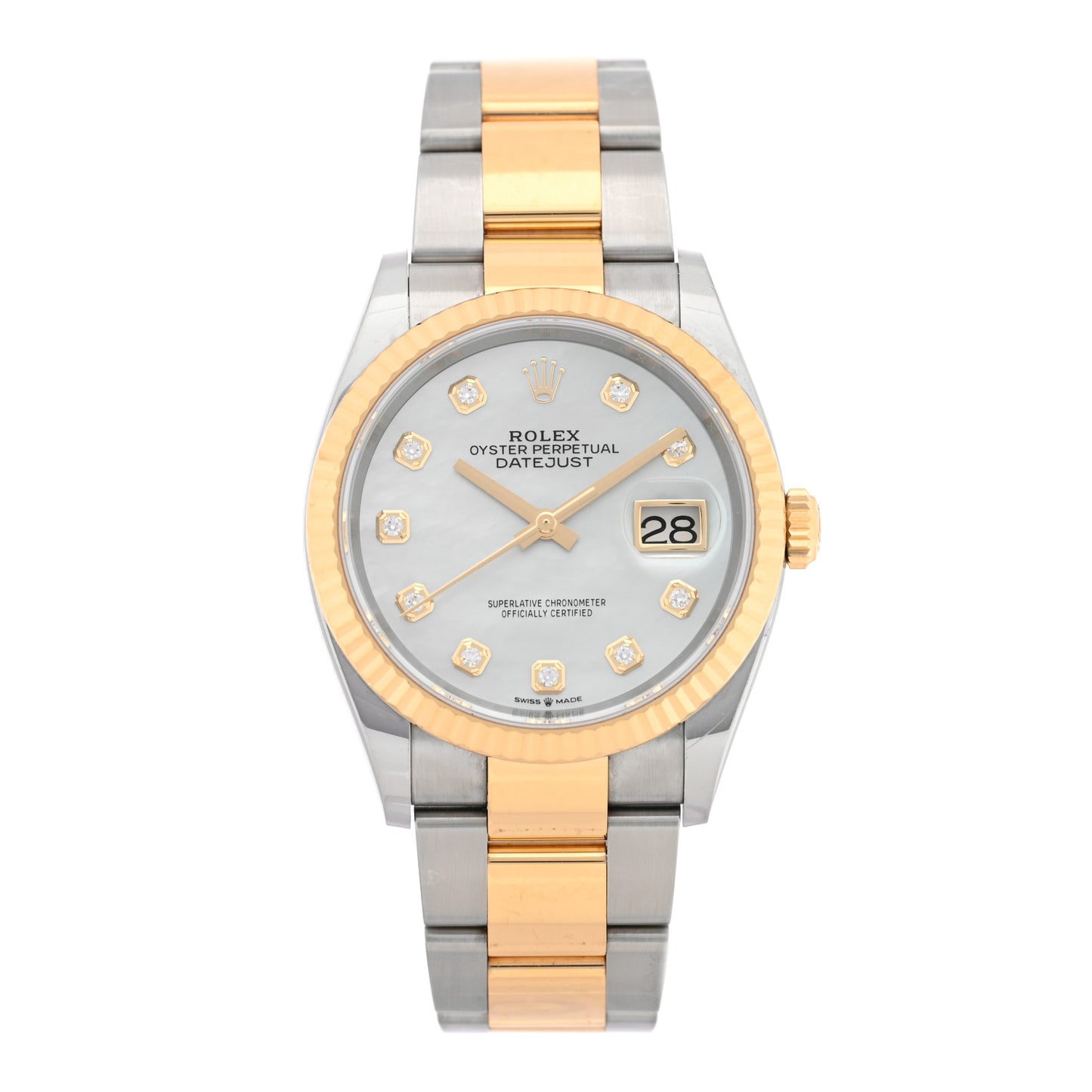 Stainless Steel 18K Yellow Gold Diamond Mother of Pearl 36mm Oyster Perpetual Datejust Watch 126233