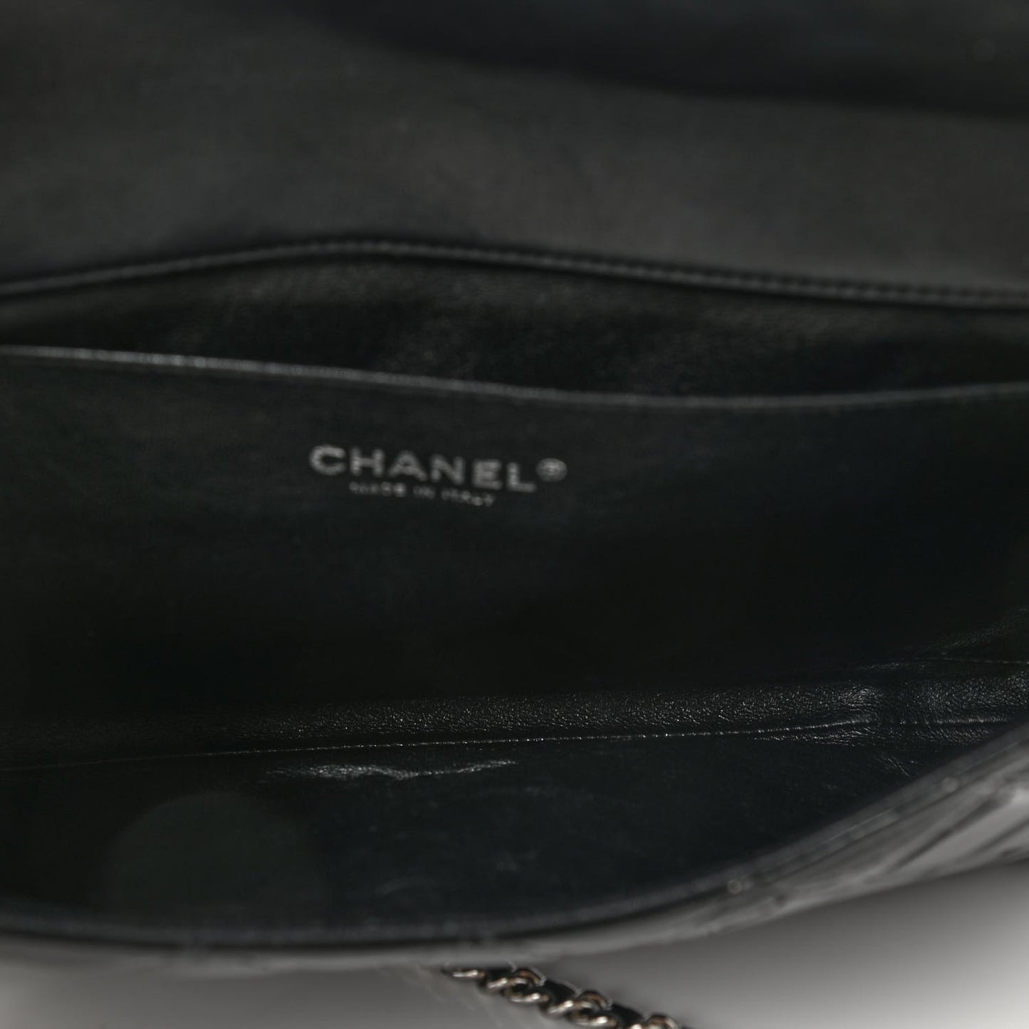 Patent Quilted Clutch with Chain Flap Black
