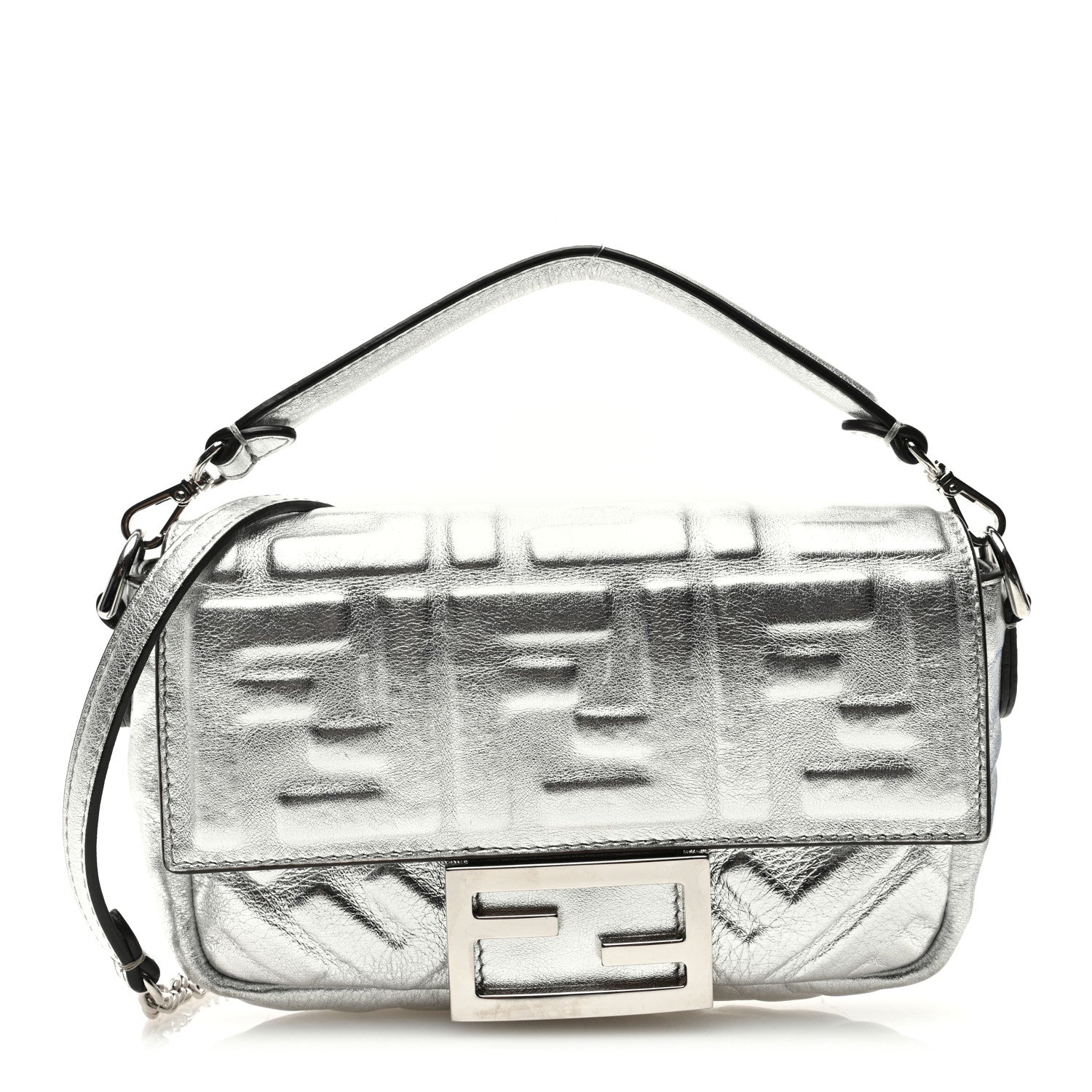 Fendi Vitello Catalan FF 1974 Embossed Mini Baguette Argento 1 of 10