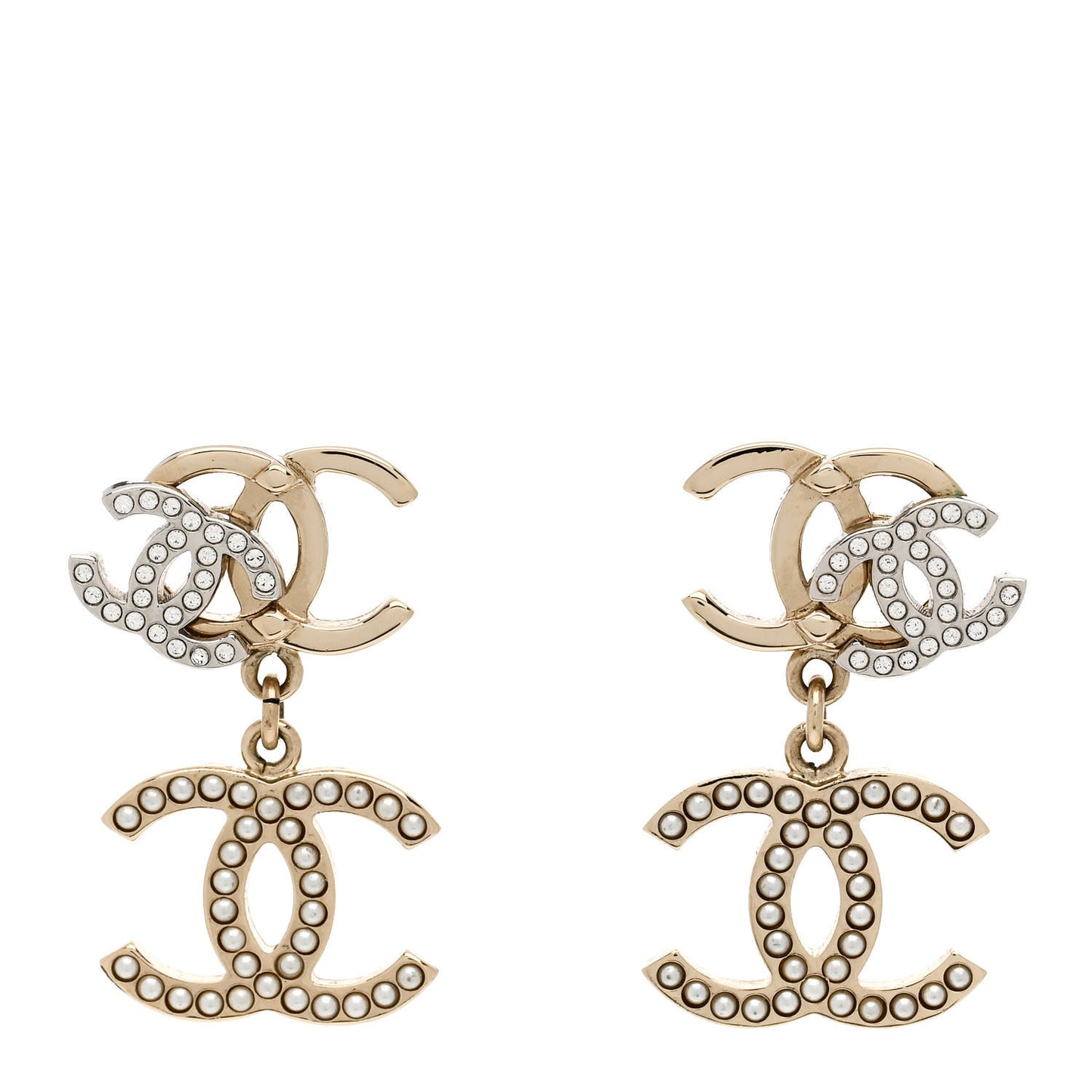 Crystal Pearl Double CC Drop Earrings Gold Silver