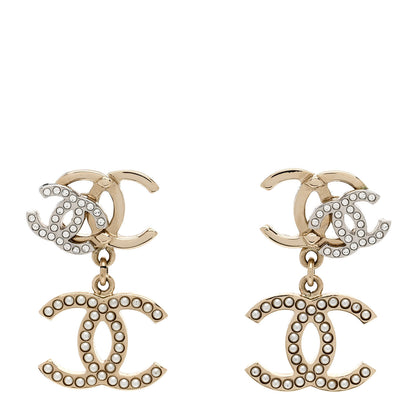 Chanel Crystal Pearl Double CC Drop Earrings Gold Silver 1 of 5