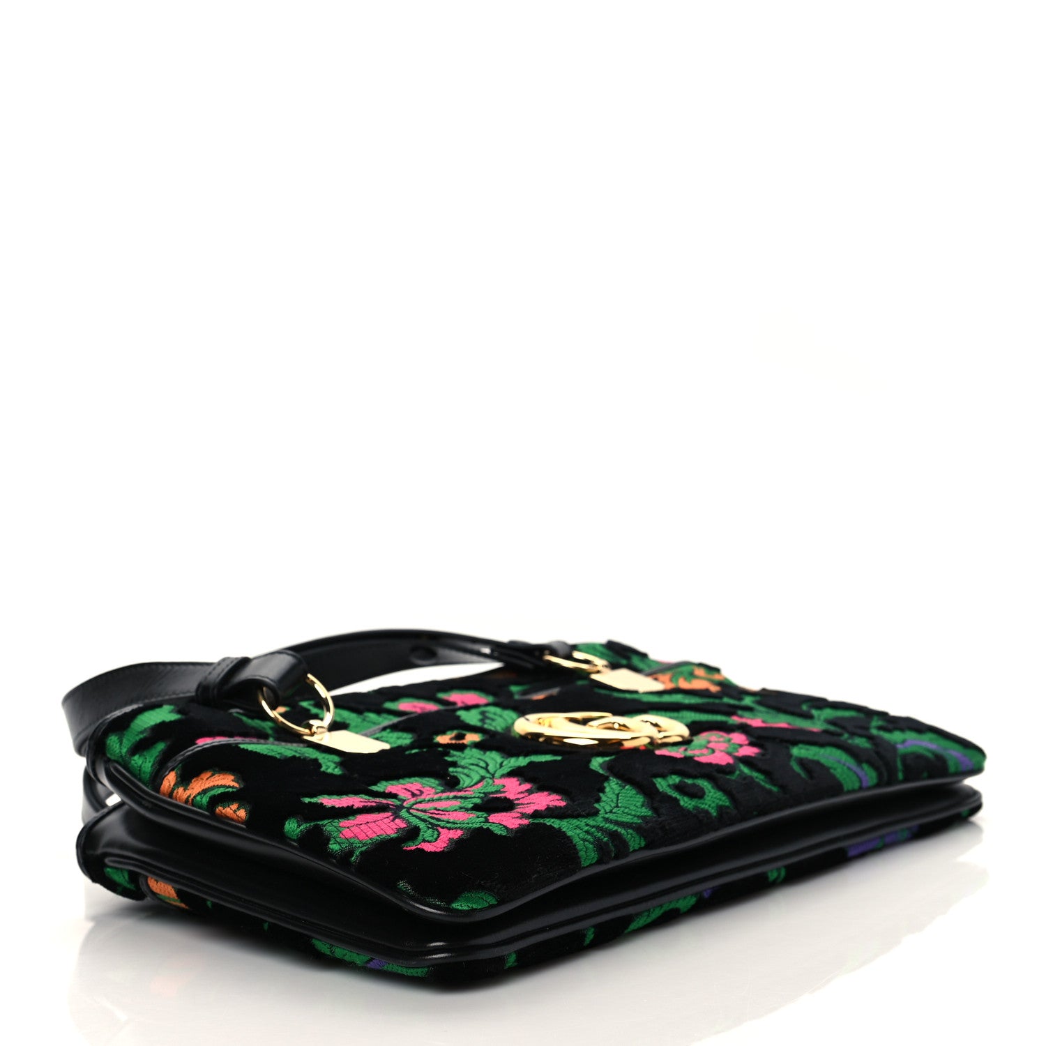 Gucci Velvet Jacquard Floral Embroidered Large Arli Top Handle Bag Black Green Multicolor 4 of 10