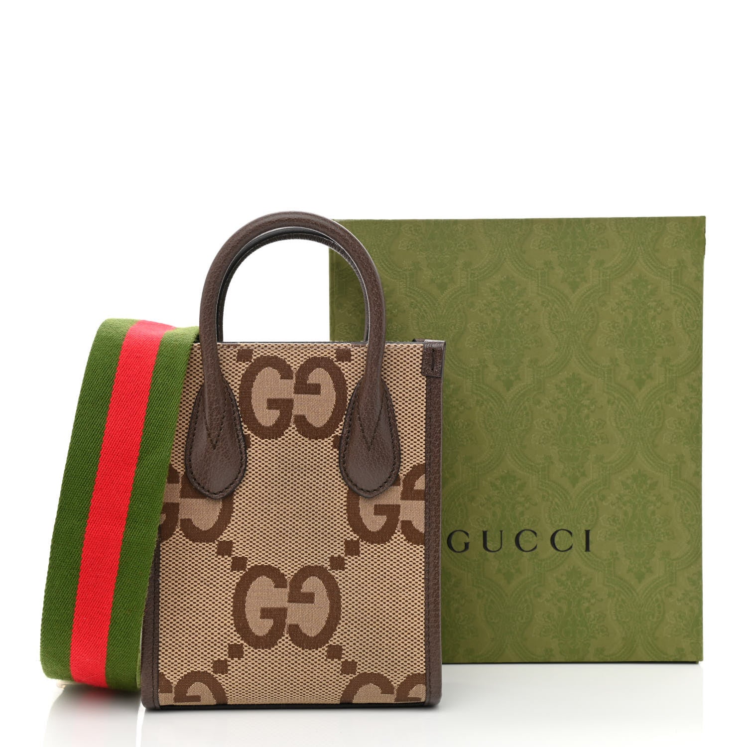 Gucci Monogram Jumbo GG Textured Dollar Calfskin Web Mini Vertical Tote Camel Ebony New Acero 11 of 11