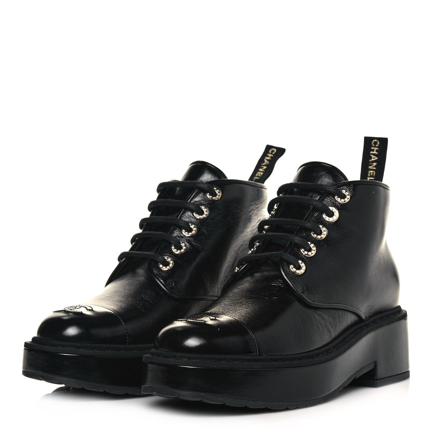 Shiny Calfskin Pearl Lace Up Combat Short Boots 39.5 Black