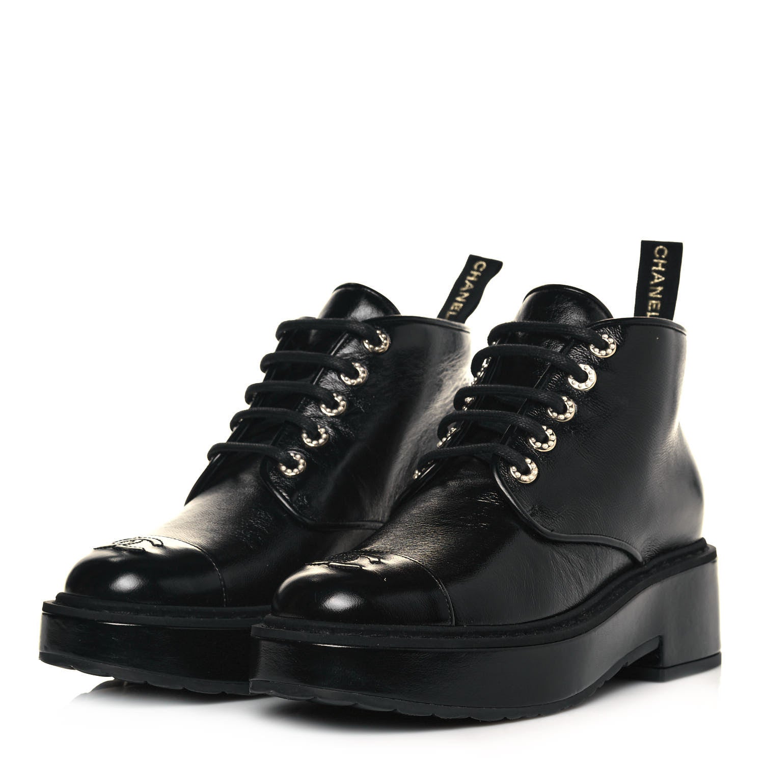 Chanel Shiny Calfskin Pearl Lace Up Combat Short Boots 39.5 Black 3 of 8