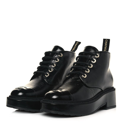 Chanel Shiny Calfskin Pearl Lace Up Combat Short Boots 39.5 Black 3 of 8