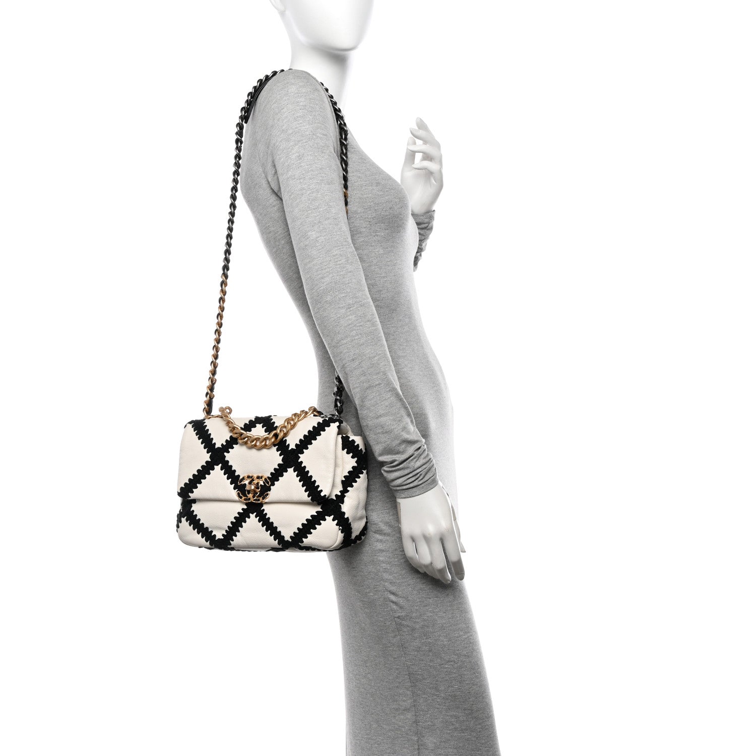 Chanel Calfskin Crochet Medium Chanel 19 Flap White Black 2 of 11