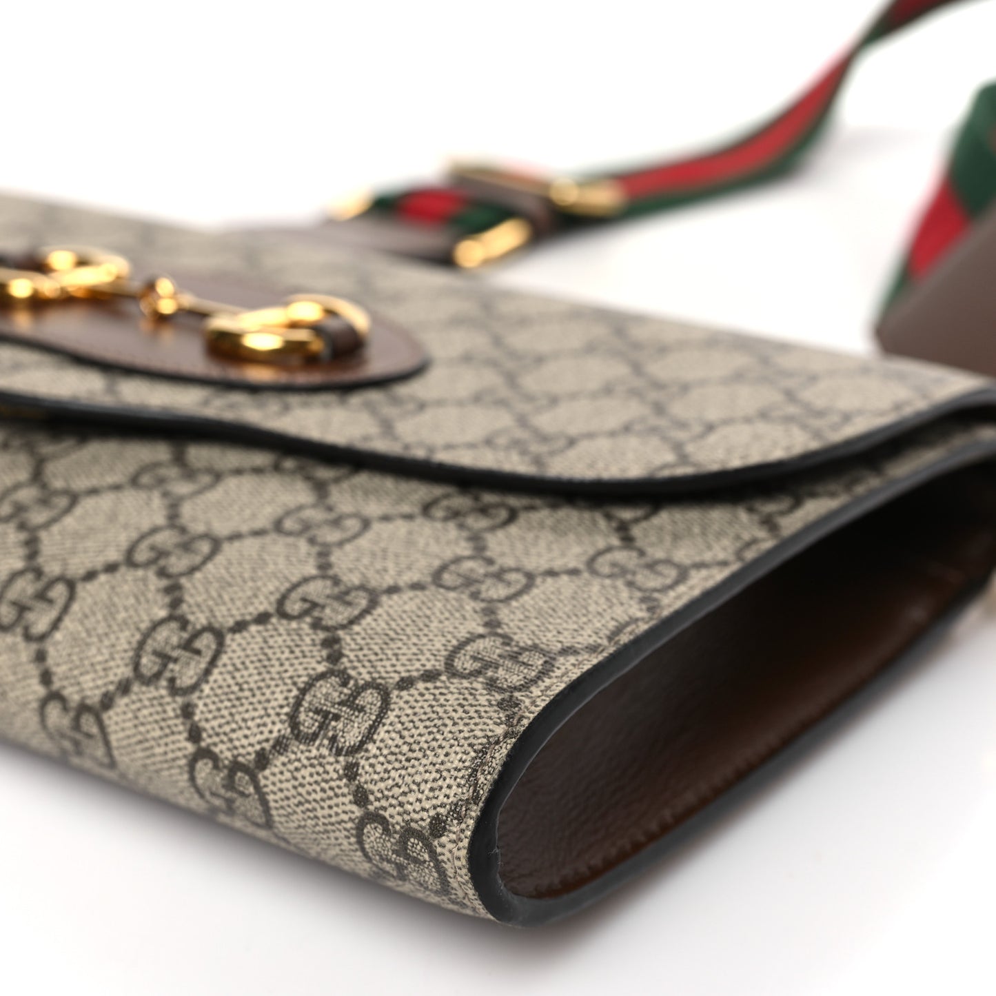 GG Supreme Monogram Azalea Calfskin Web Small Horsebit 1955 Crossbody Bag Beige Ebony Brown Sugar