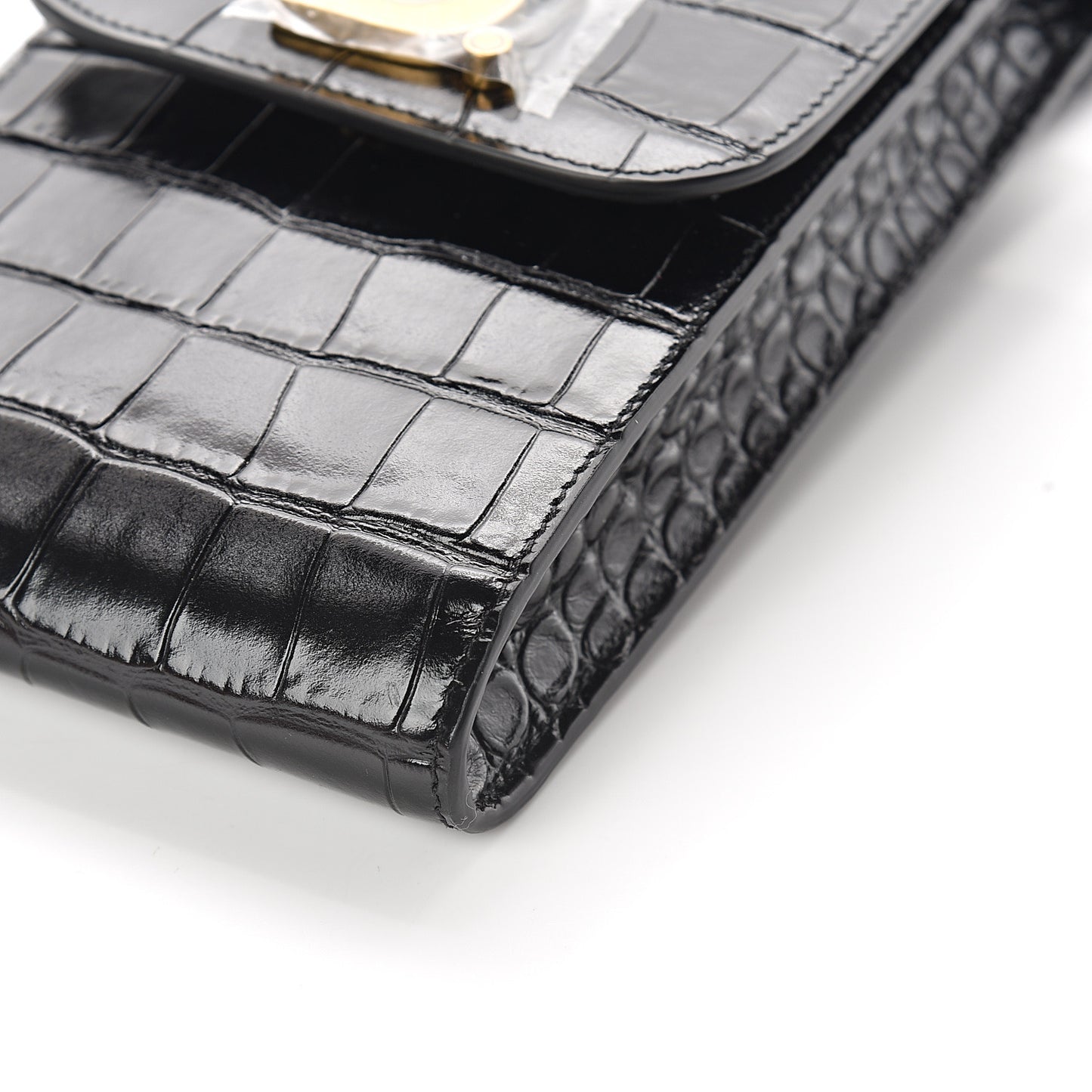 Shiny Calfskin Crocodile Embossed B Phone Holder Black