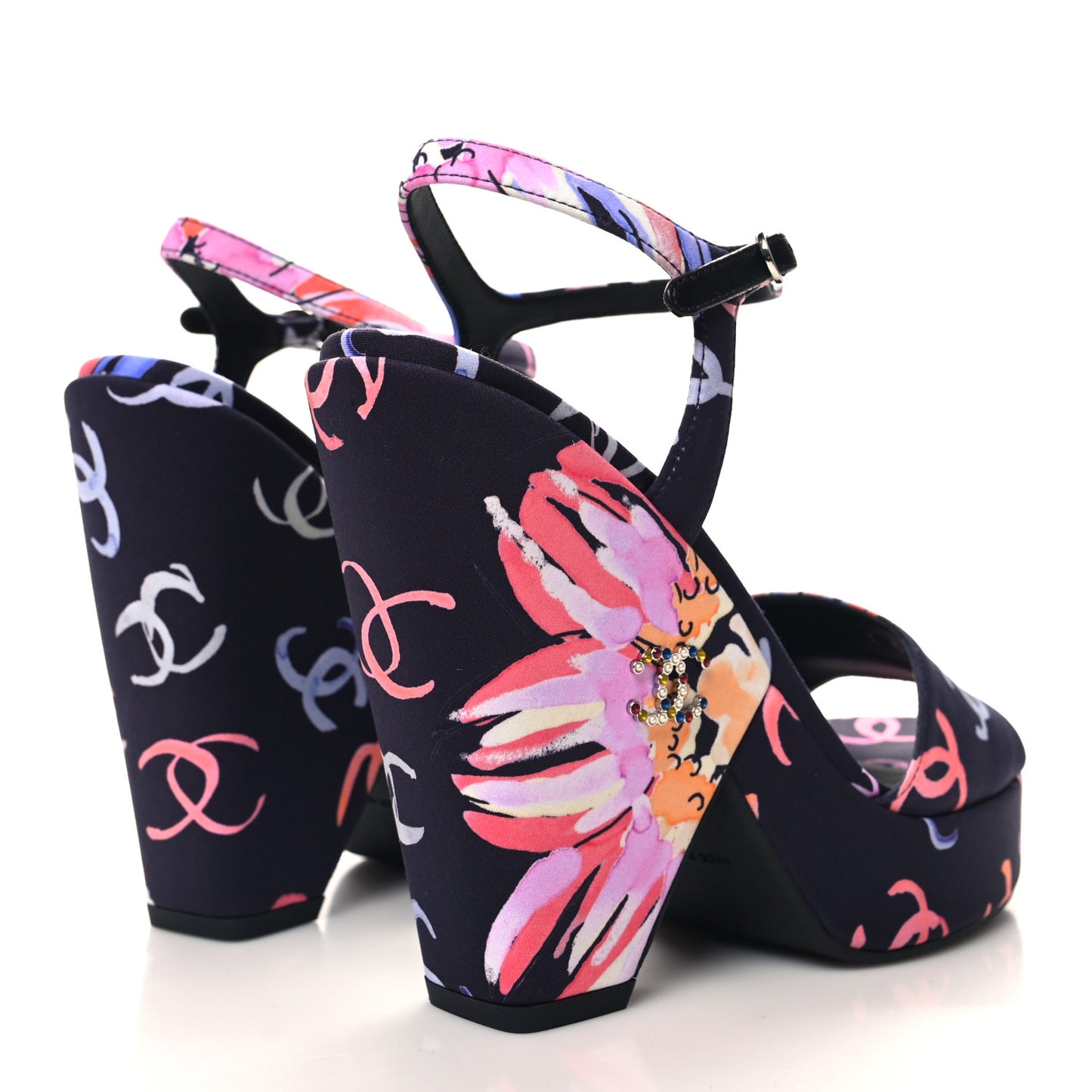 Fabric Printed Crystal Pearl CC Platform Pumps 39 Black Multicolor