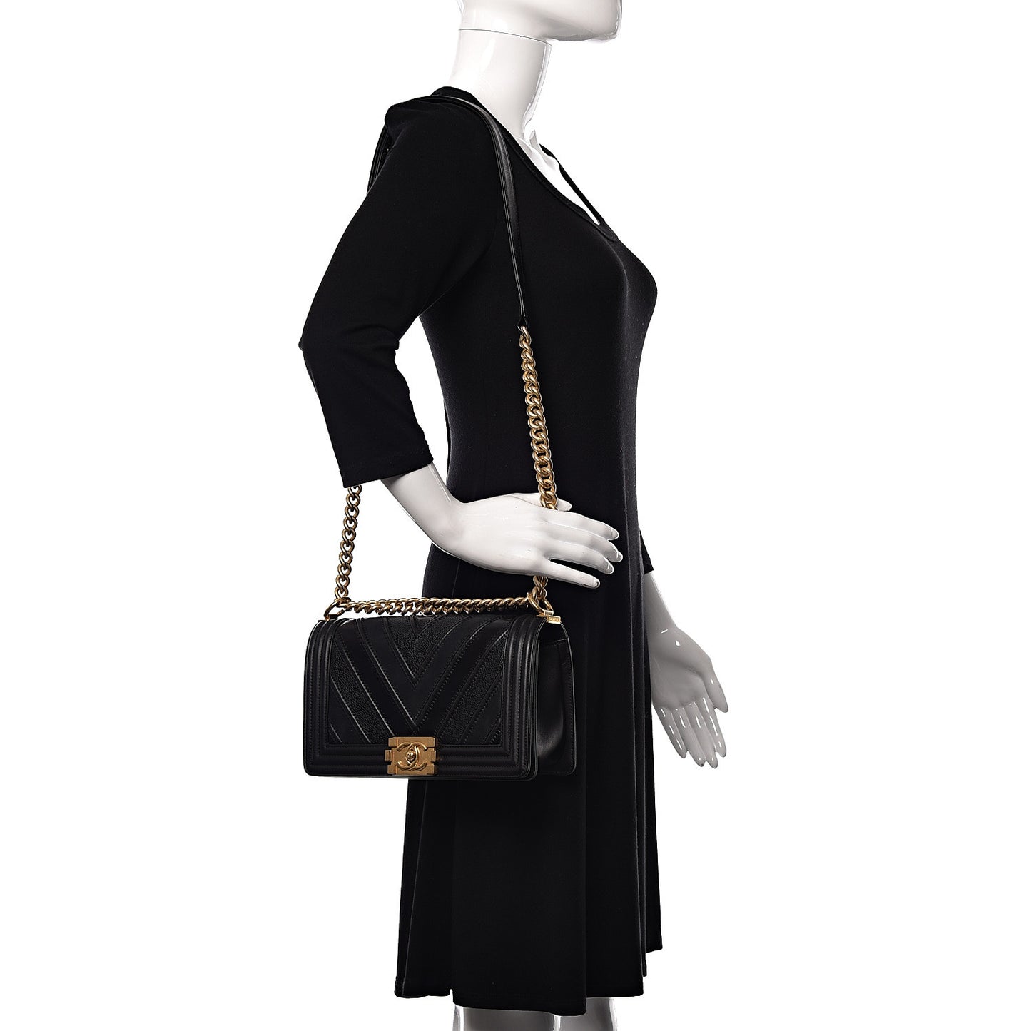 Caviar Suede Calfskin Chevron Medium Boy Flap Black