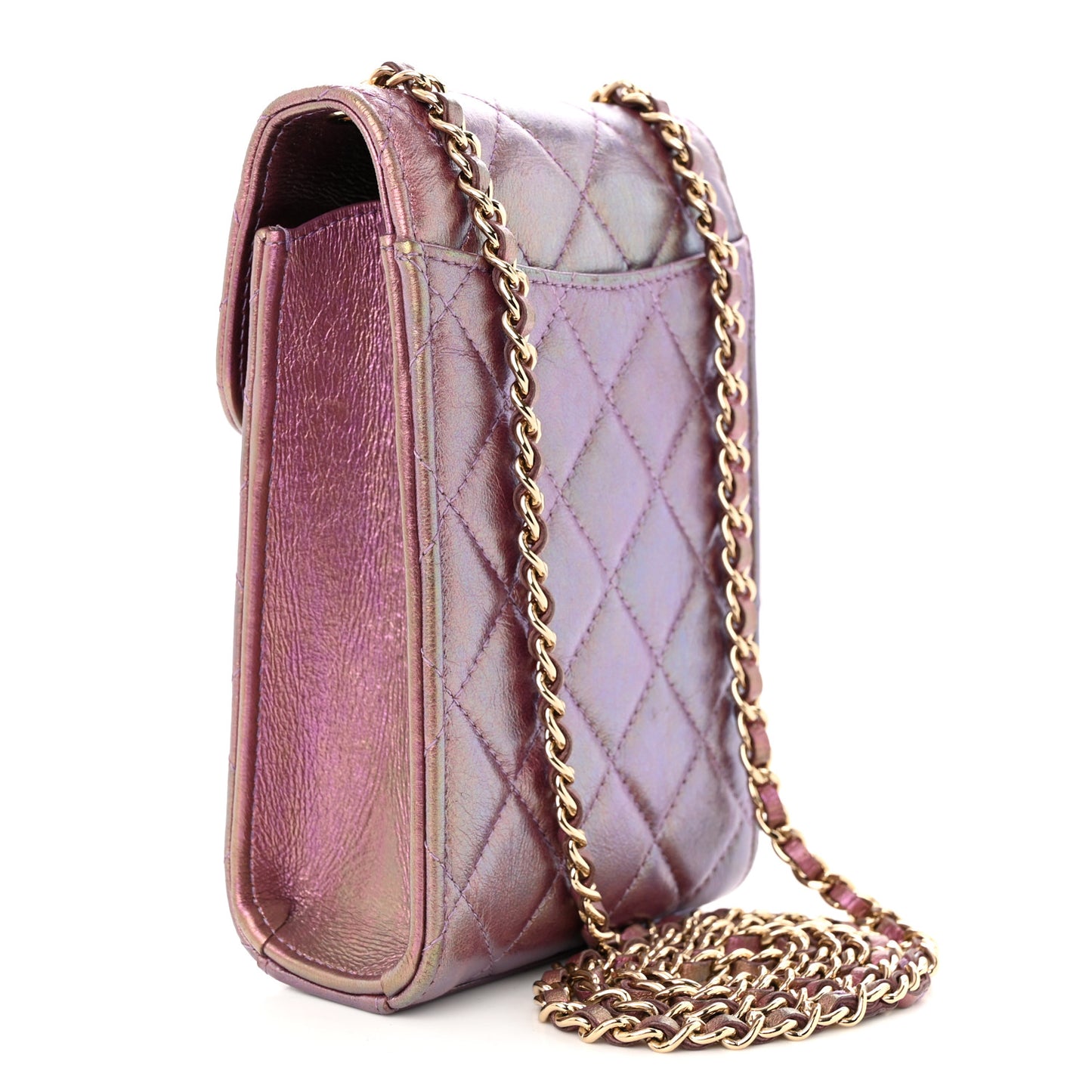 Iridescent Lambskin Quilted CC Phone Holder Purple