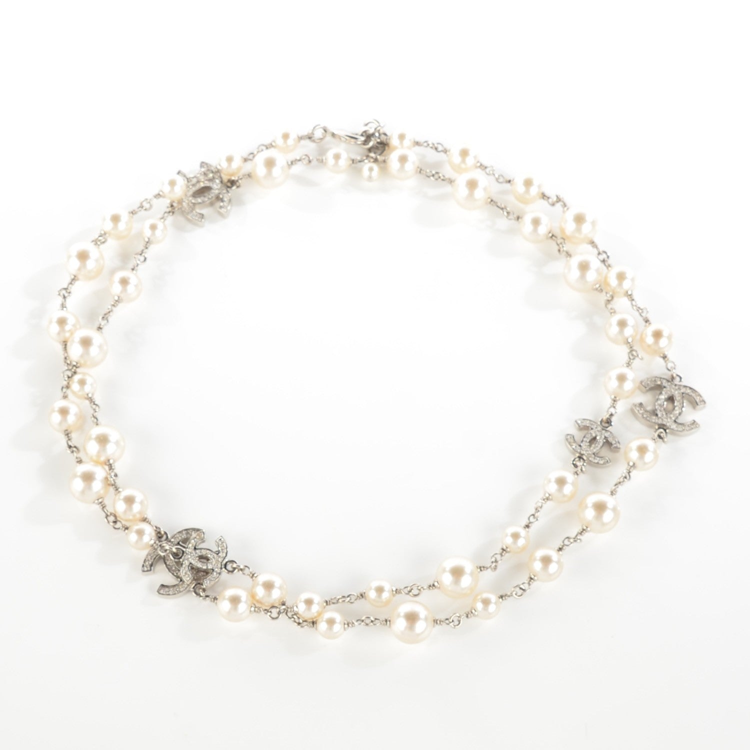 Chanel Crystal Pearl CC Long Necklace Silver 3 of 6