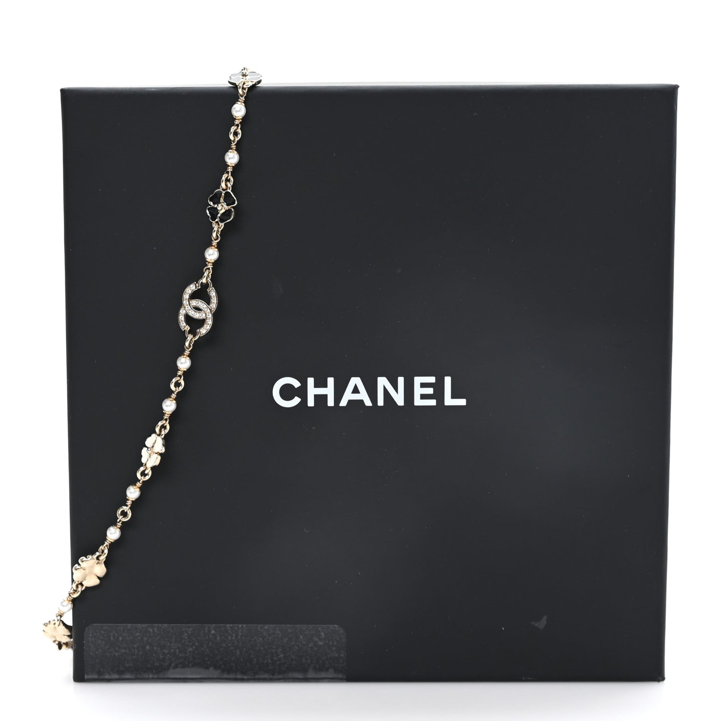 Resin Pearl Crystal CC Camellia Necklace Gold Black White