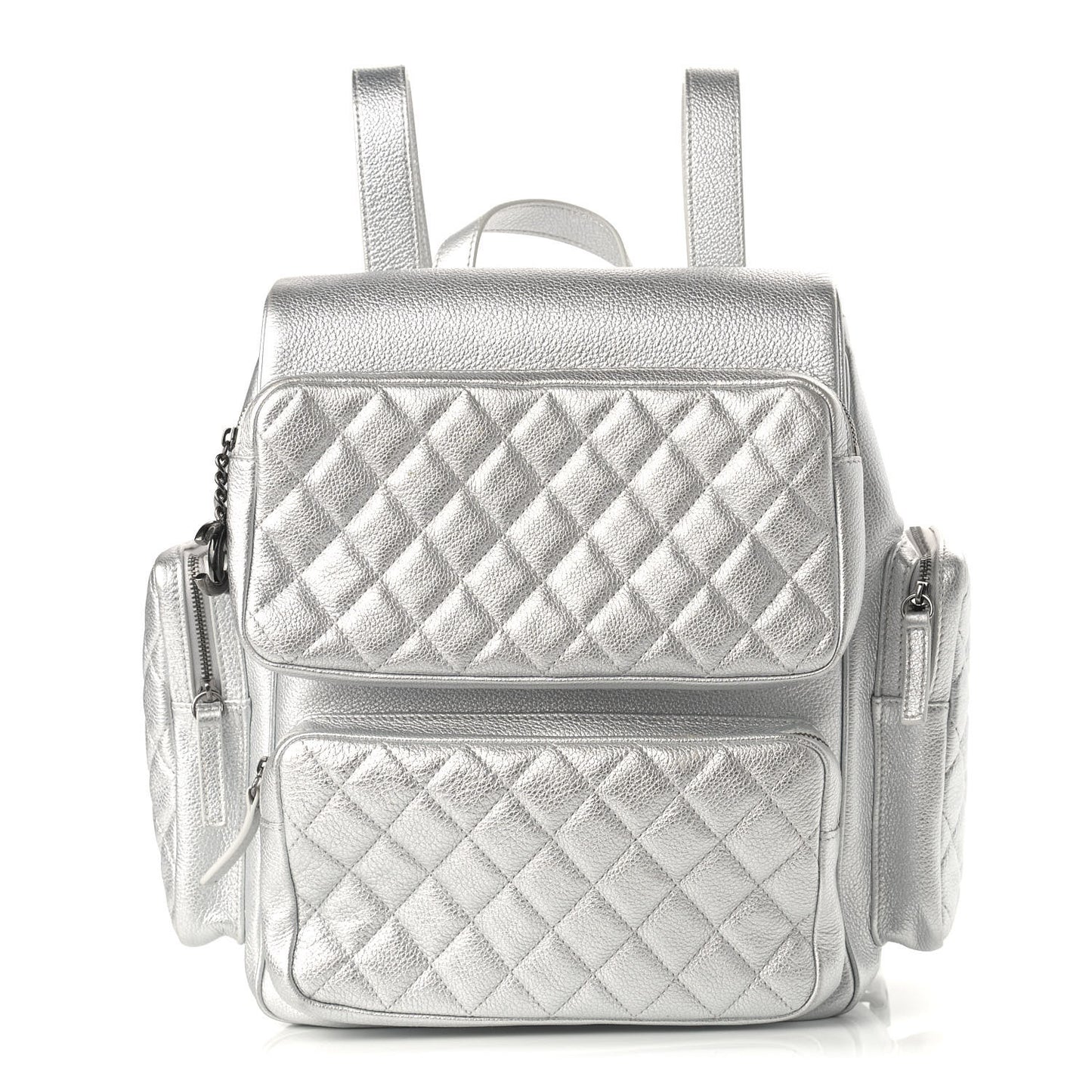 Metallic Grained Calfskin Quilted Large Casual Rock Backpack Silver