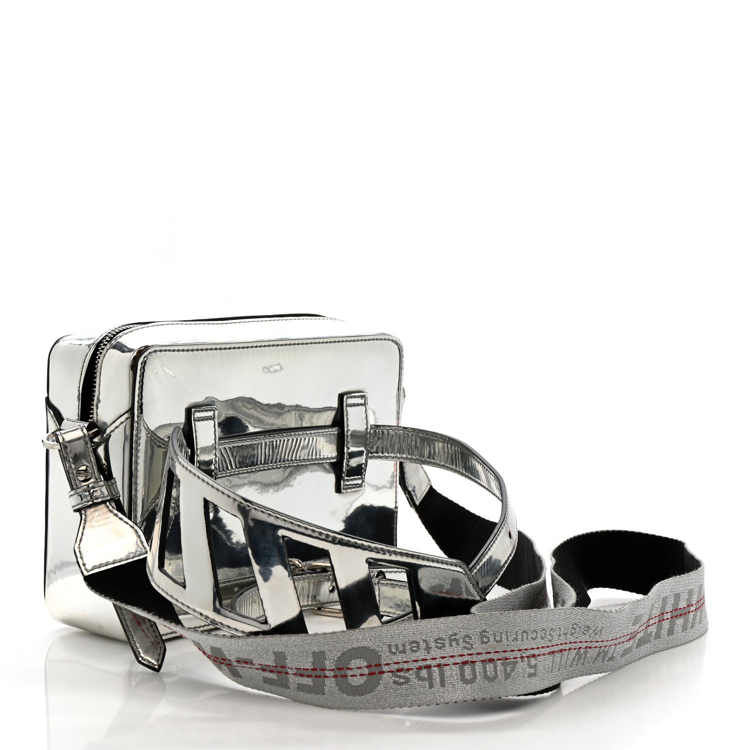 Off-White Patent Mirror Binder Clip Camera Belt Bag Silver 3 of 14