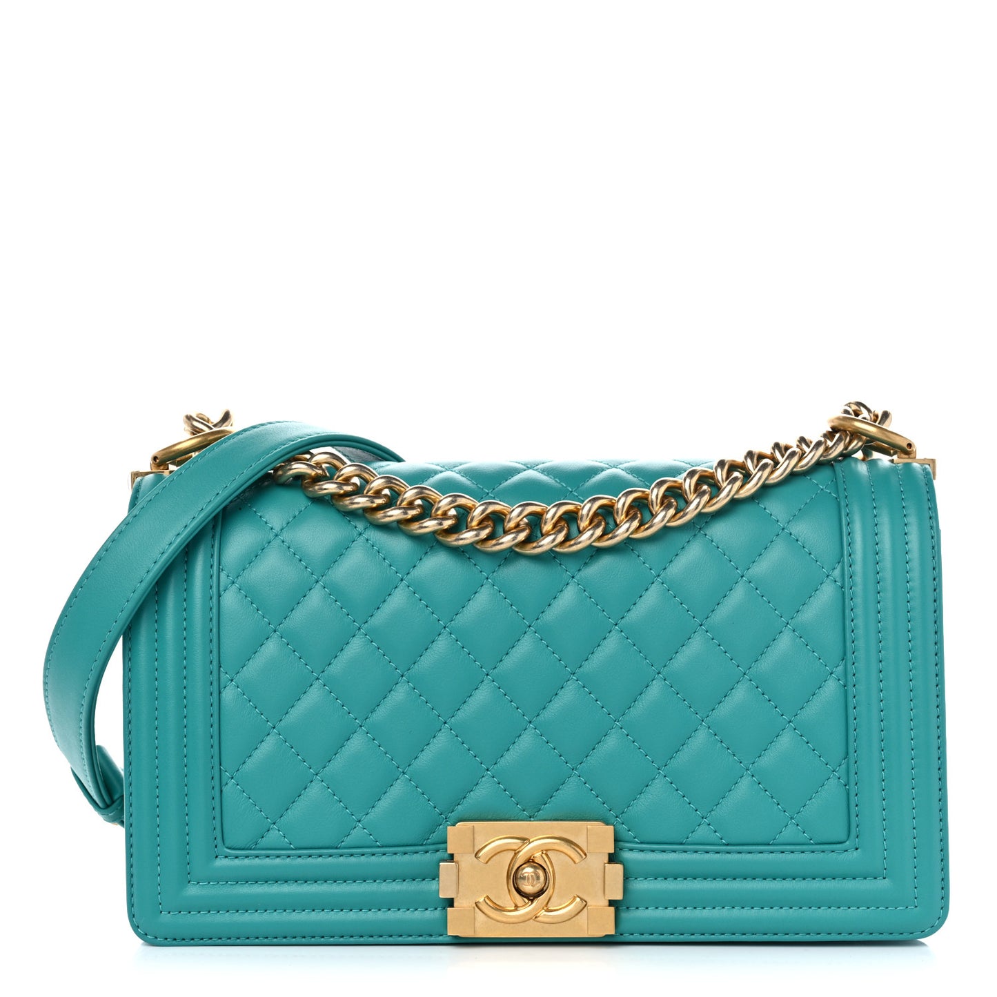 Calfskin Quilted Medium Boy Flap Turquoise