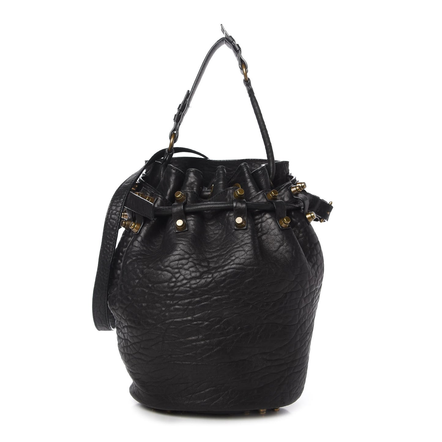 Pebbled Lambskin Diego Bucket Bag Black Antique Brass Hardware