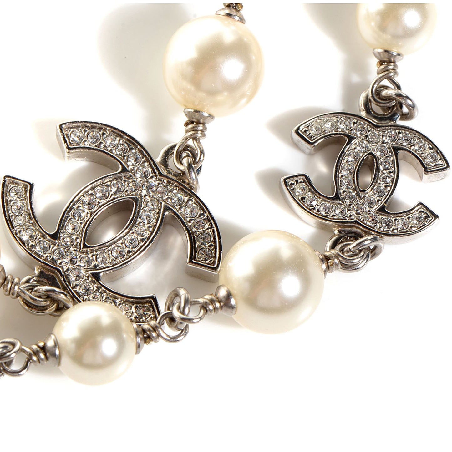 Crystal Pearl CC Long Necklace Silver