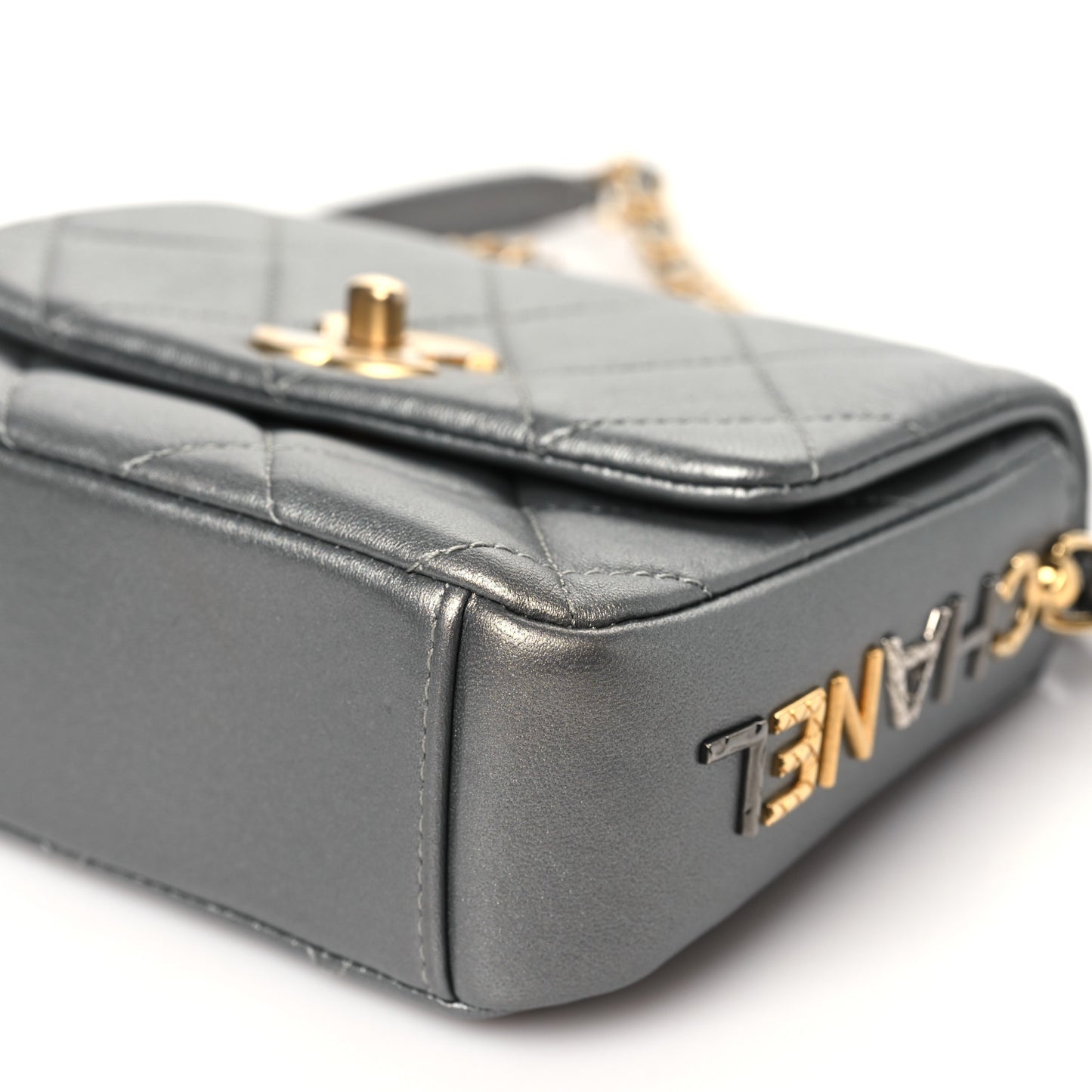 Metallic Lambskin Quilted Mini Side Note Flap Grey