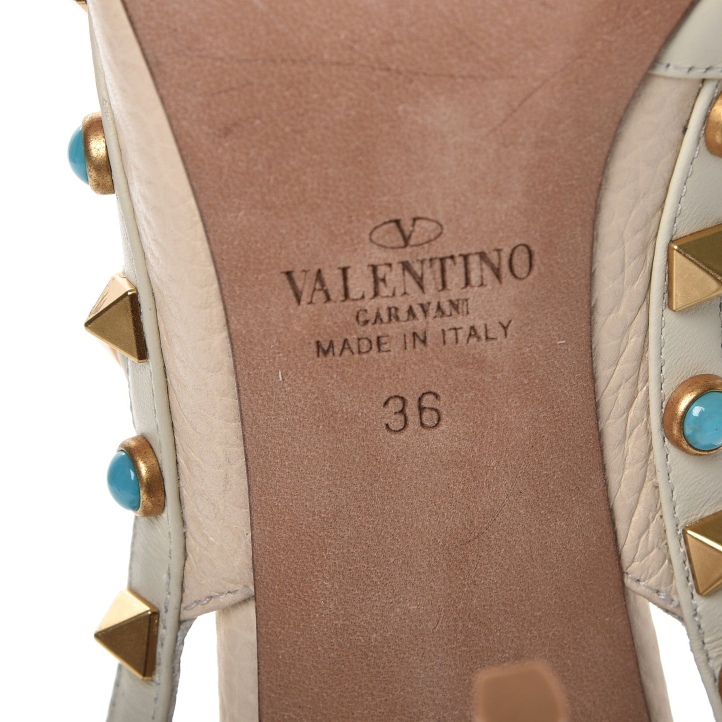 Pebbled Calfskin Turquoise Rockstud Rolling Ankle Strap 100mm Pumps 36 Ivory