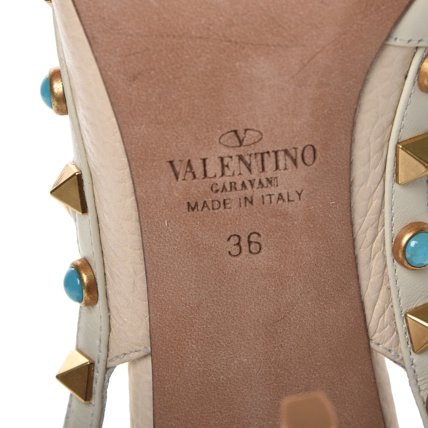 Valentino Garavani Pebbled Calfskin Turquoise Rockstud Rolling Ankle Strap 100mm Pumps 36 Ivory 6 of 11