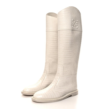 Fendi Calfskin Crocodile Embossed Karligraphy Logo Riding Boots 37 White 3 of 7