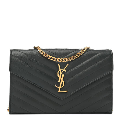 Saint Laurent Grain De Poudre Matelasse Chevron Monogram Chain Wallet Dark Green 1 of 9