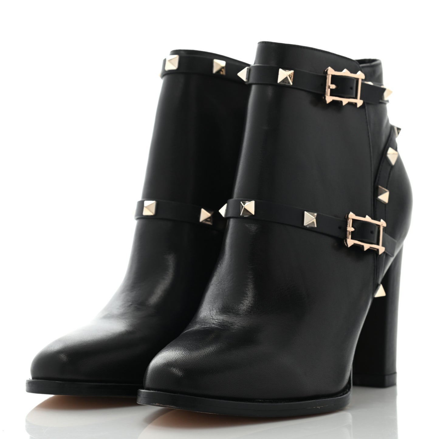 Calfskin Rockstud Double Buckle Block Heel Ankle Boots 37 Black