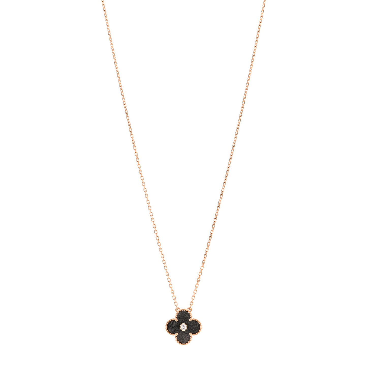 18K Rose Gold Diamond Silver Obsidian Vintage Alhambra Pendant Necklace