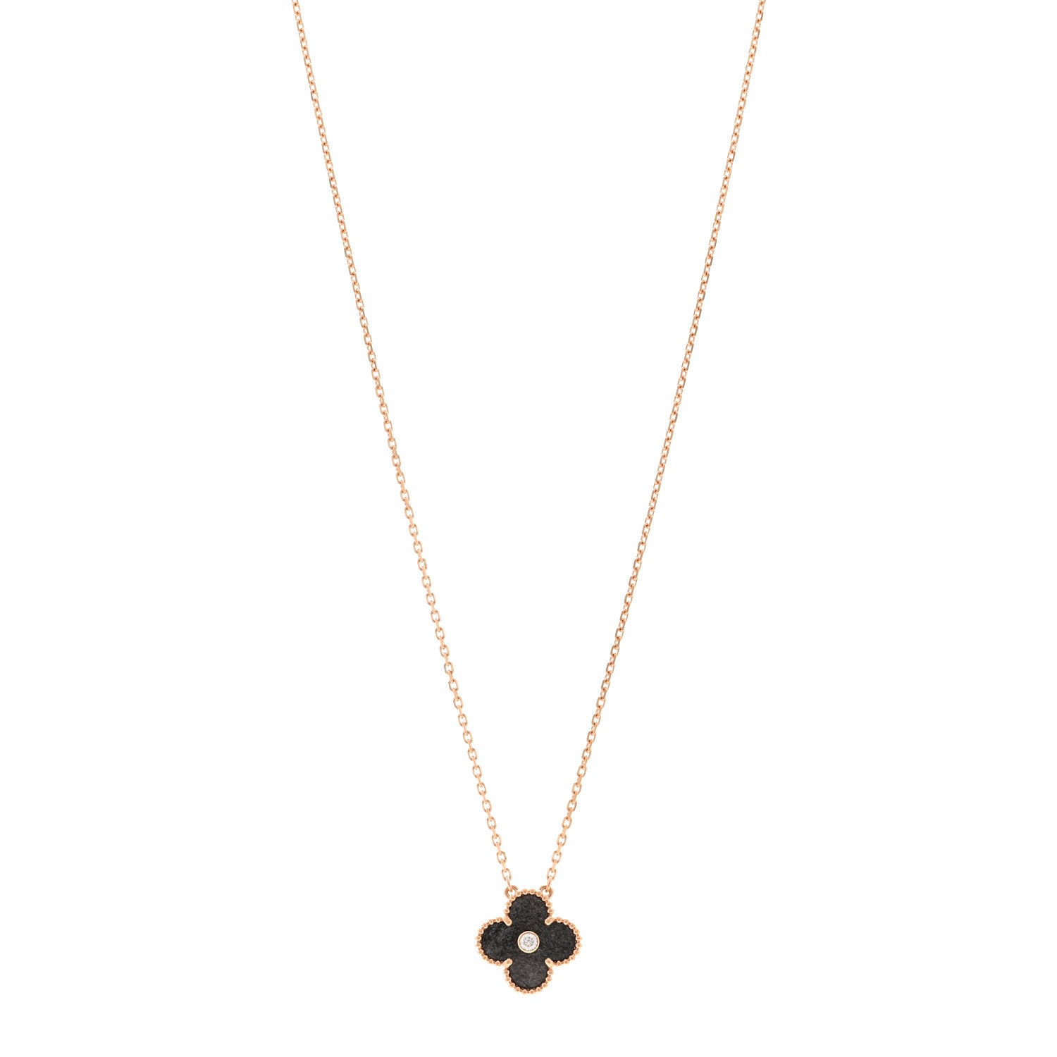 Van Cleef & Arpels 18K Rose Gold Diamond Silver Obsidian Vintage Alhambra Pendant Necklace 1 of 5