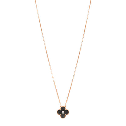 Van Cleef & Arpels 18K Rose Gold Diamond Silver Obsidian Vintage Alhambra Pendant Necklace 1 of 5