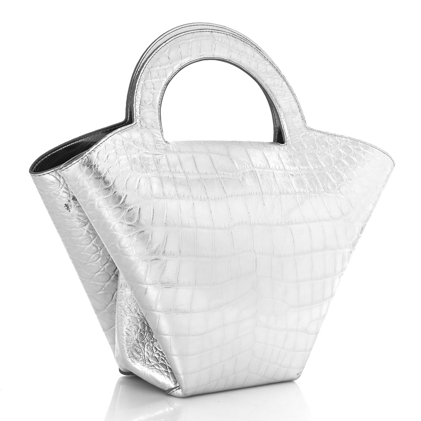 Metallic Calfskin Crocodile Embossed Ring Top Handle Tote Bag Silver