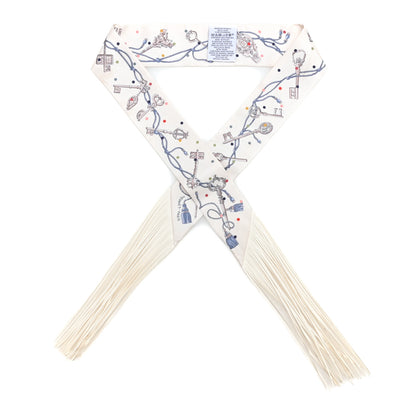 Hermes Silk Calfskin Les Cles A Pois Fringed Twilly Creme Gris Perle Multicolor 1 of 3
