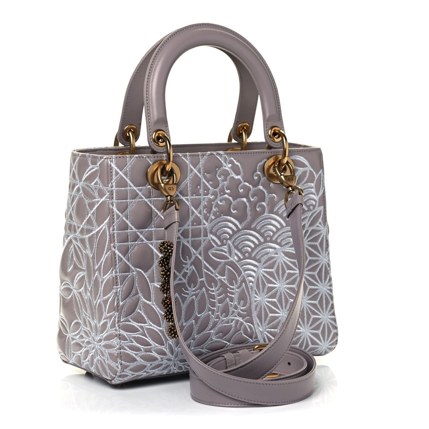 Lambskin Embroidered David Wiseman Medium Art Lady Dior Light Grey