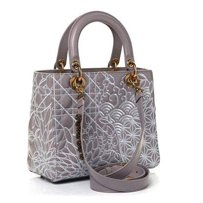 Christian Dior Lambskin Embroidered David Wiseman Medium Art Lady Dior Light Grey 2 of 8