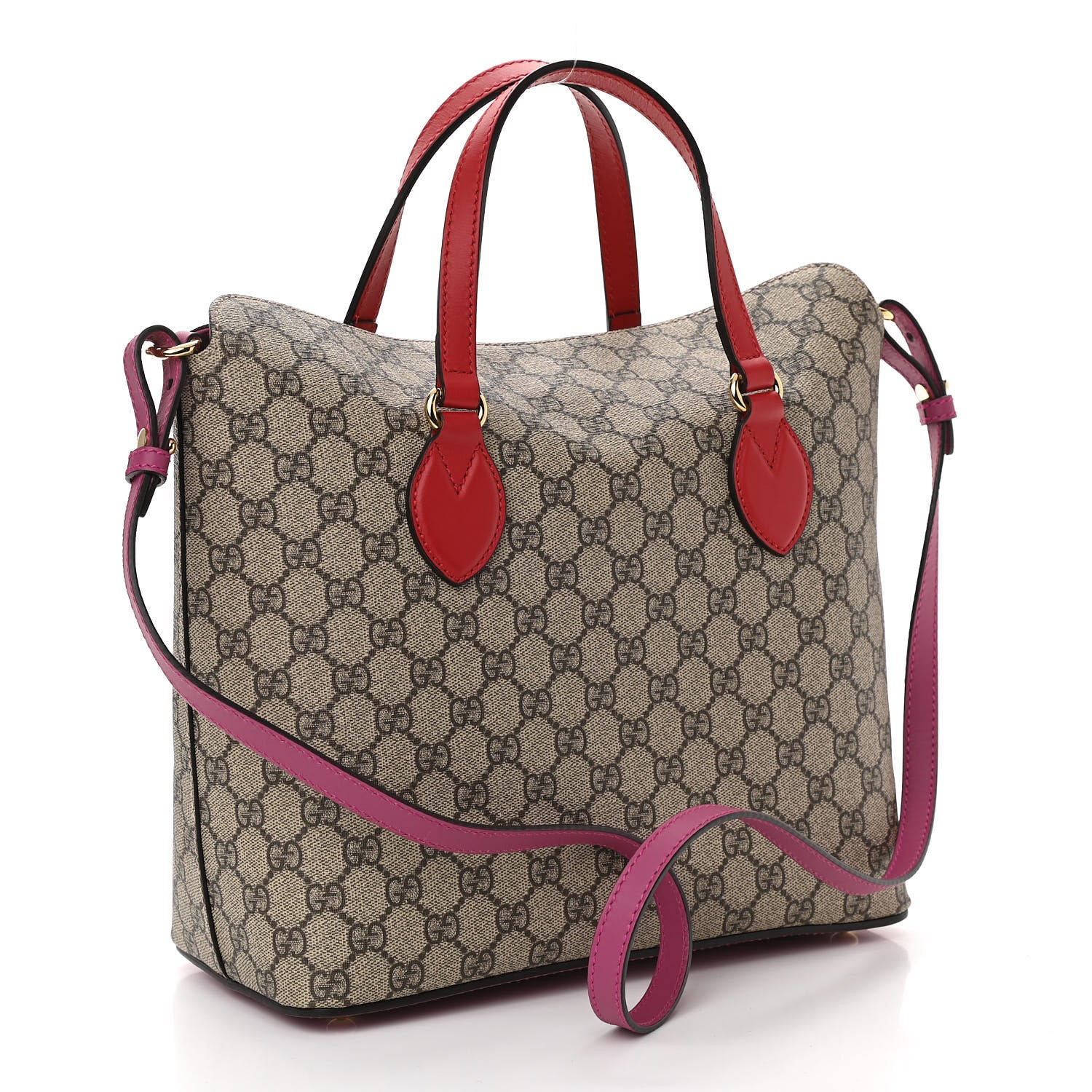 Gucci GG Supreme Monogram Linea A Foldover Tote Beige Hibiscus Red New Rosette 3 of 11