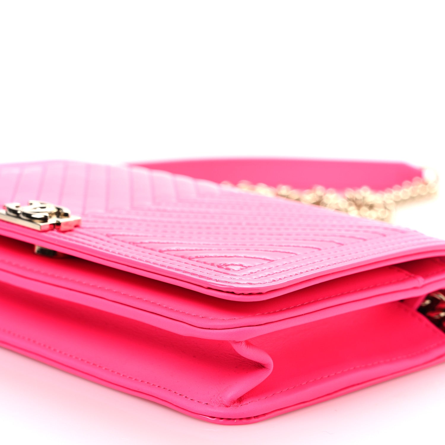 Chanel Patent Chevron Quilted Boy Wallet On Chain WOC Neon Pink 11 of 12