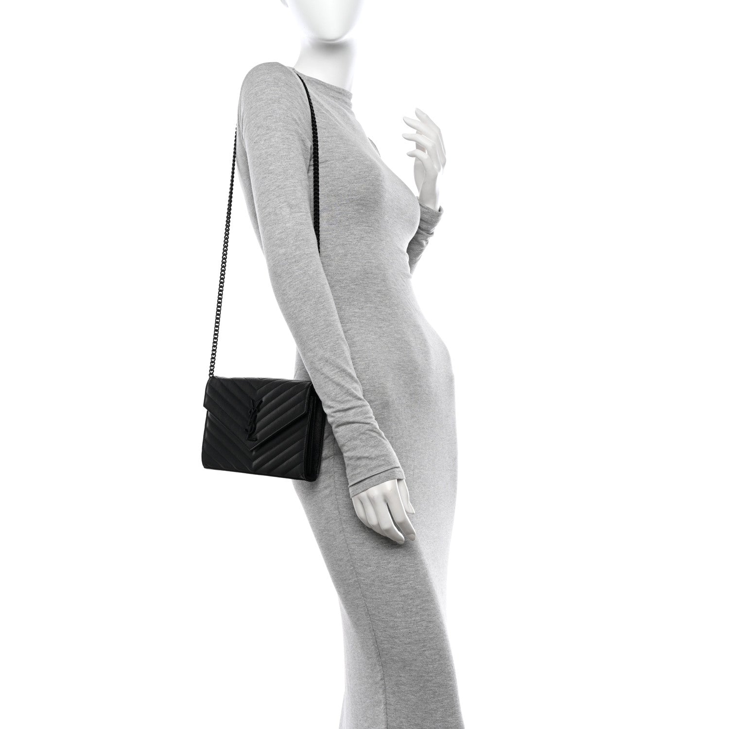 Saint Laurent Grain De Poudre Matelasse Chevron Monogram Monochrome Chain Wallet Black 2 of 14