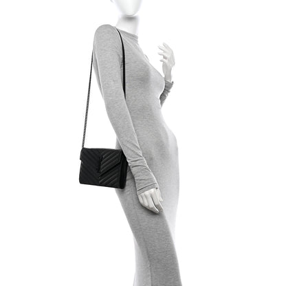 Saint Laurent Grain De Poudre Matelasse Chevron Monogram Monochrome Chain Wallet Black 2 of 14