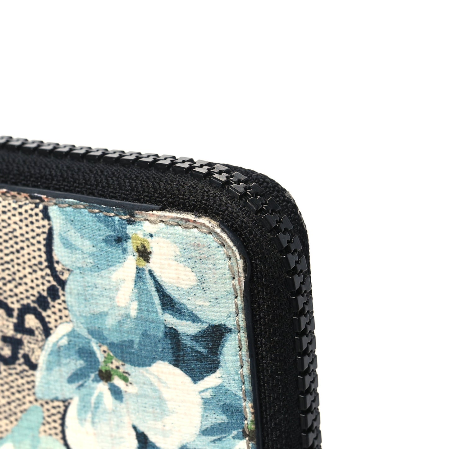 GG Supreme Monogram Blooms Zip Around Card Case Wallet Beige Blue Navy