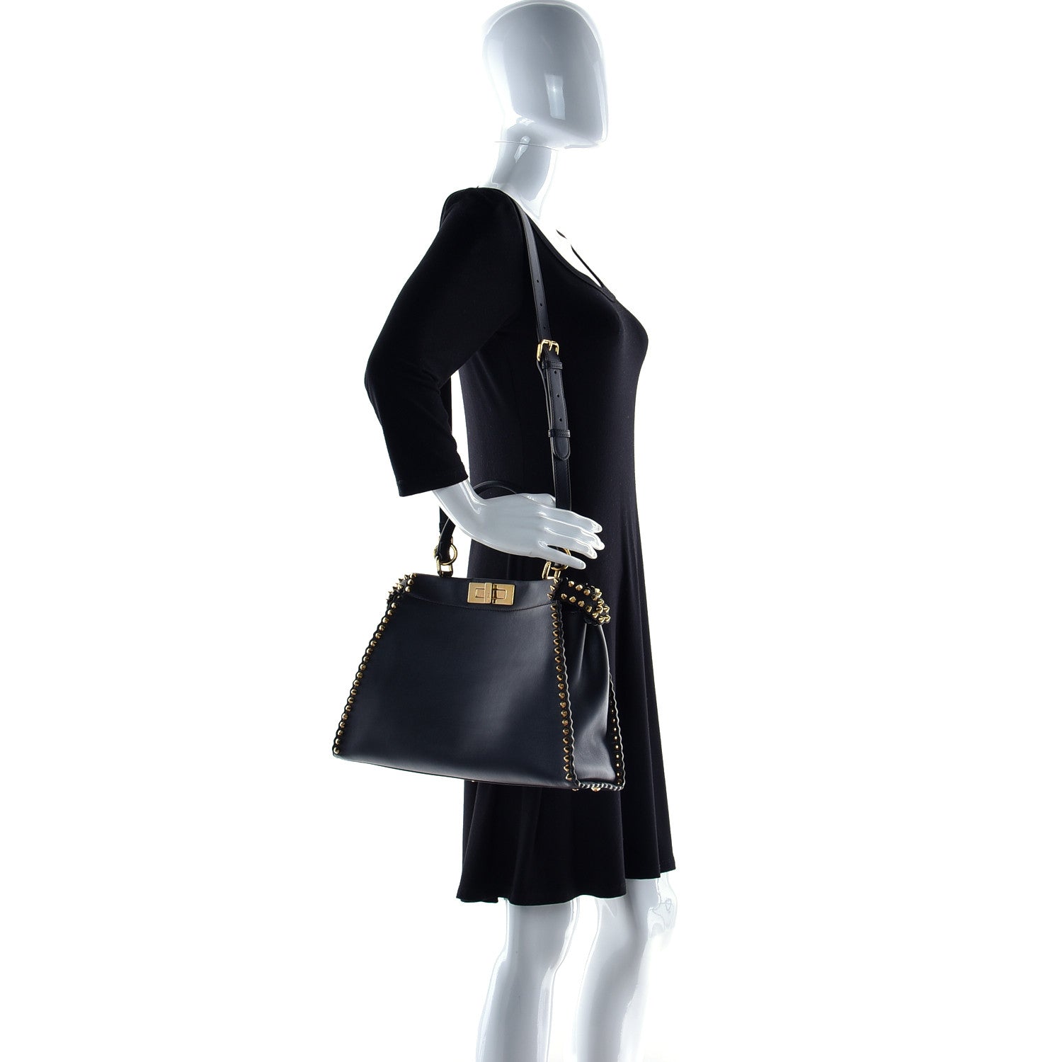 Fendi Vitello Seta Shiny Nappa Scalloped Studded Medium Peekaboo Iconic Satchel Black 5 of 17