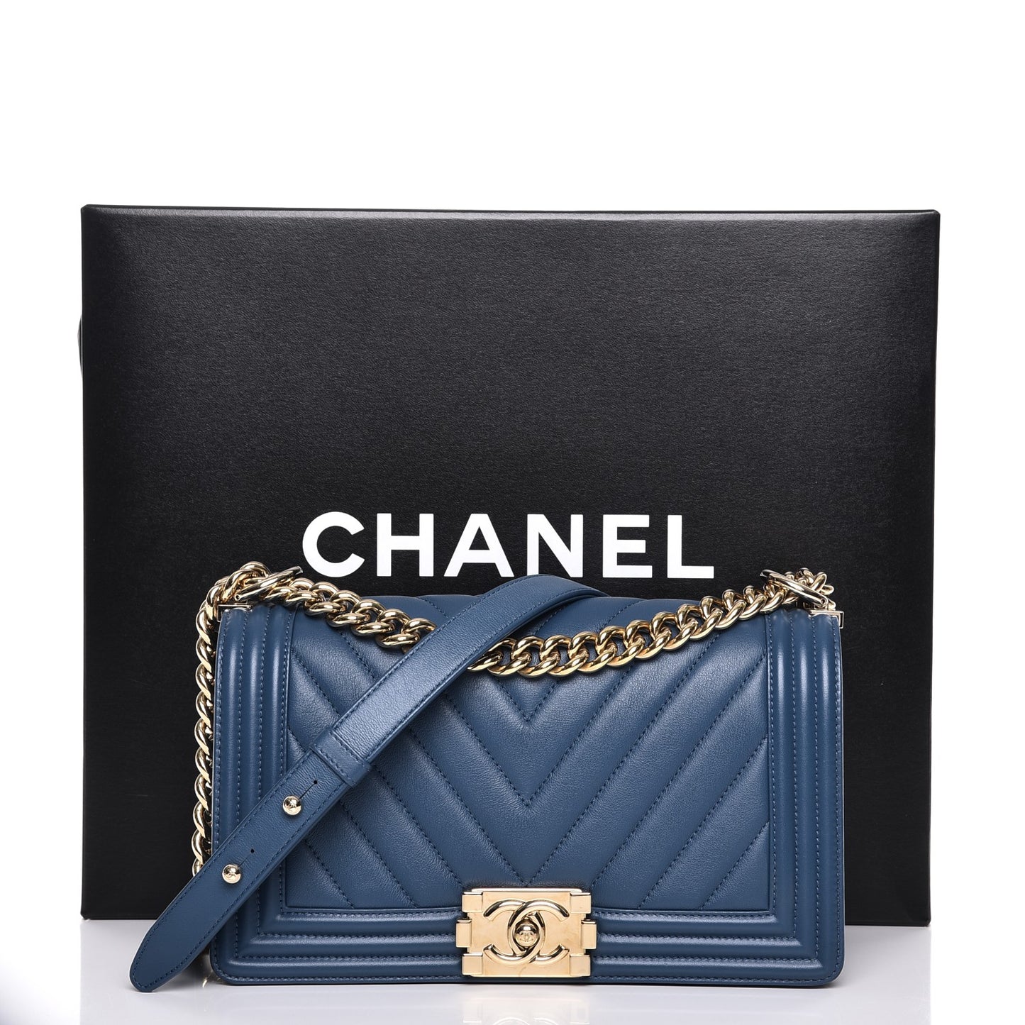 Calfskin Chevron Quilted Medium Boy Flap Blue