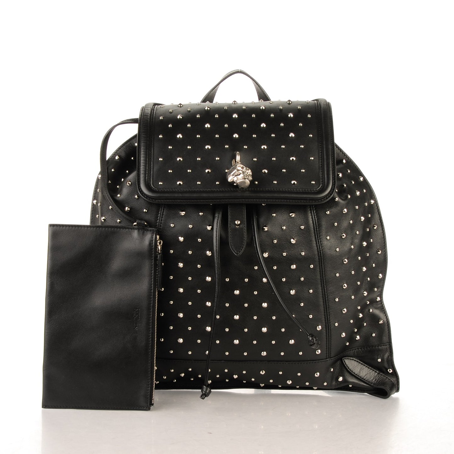 Calfskin Studded Padlock Zip Backpack Black