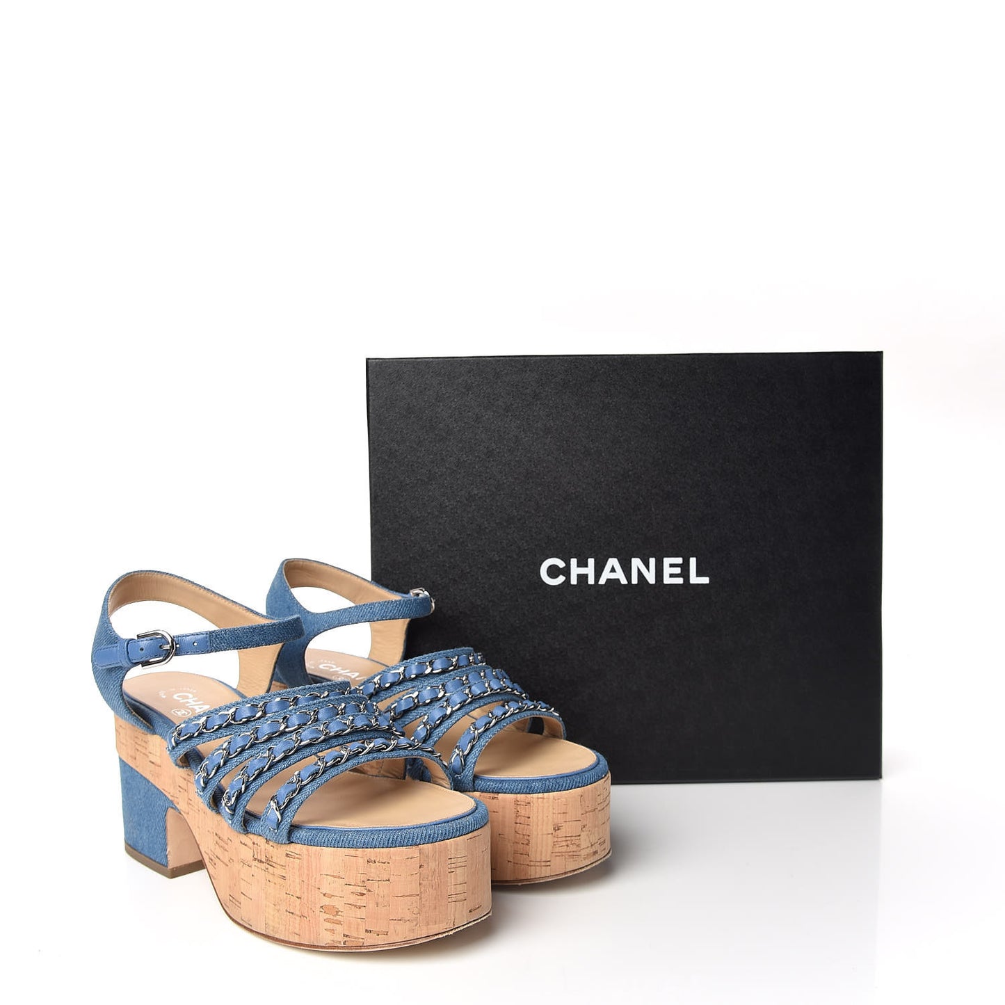 Denim Cork Chain Wedge Sandals 37 Blue