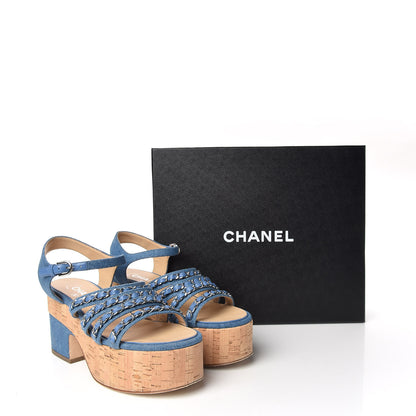 Chanel Denim Cork Chain Wedge Sandals 37 Blue 13 of 13