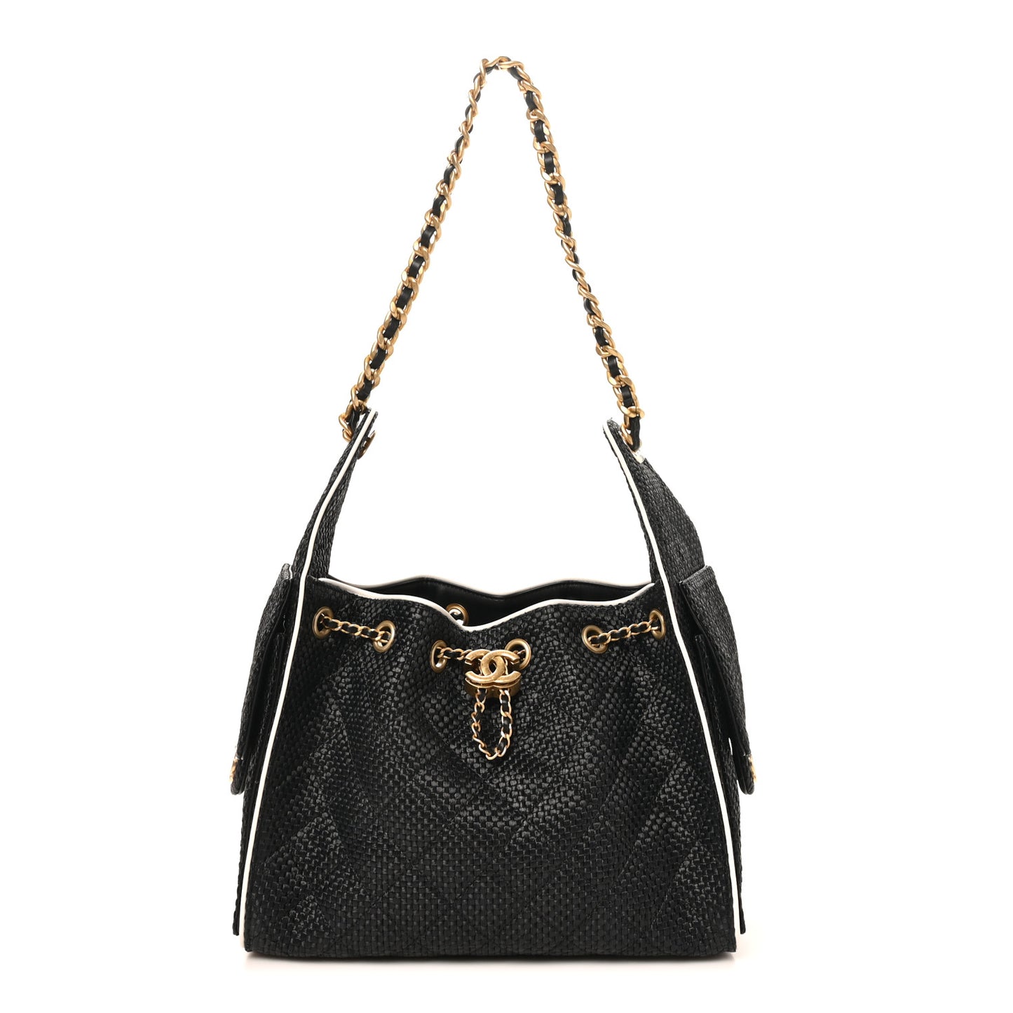 Braided Raffia Calfskin Quilted Small Chanel 25 Handbag Black White